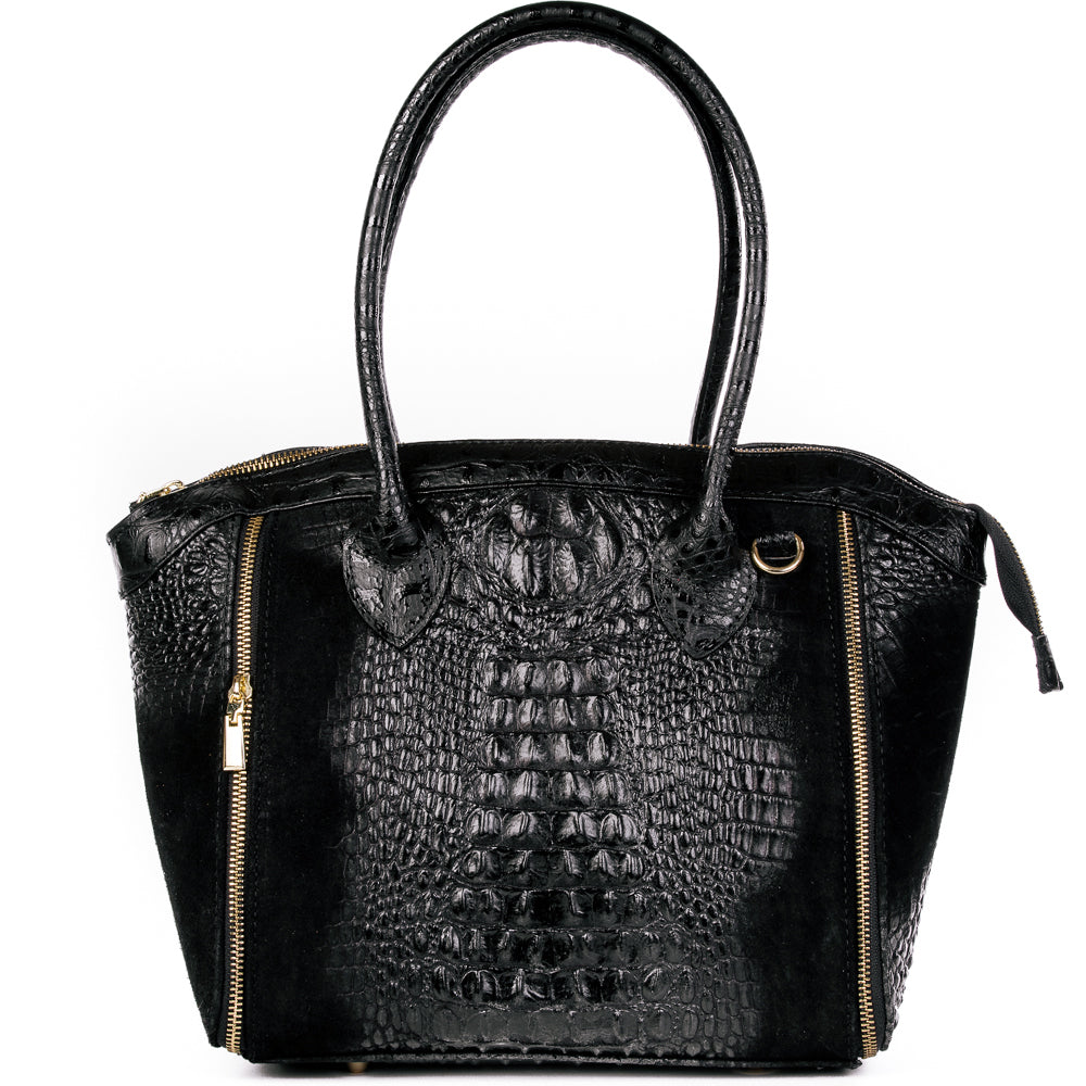 Black Real Italian Leather Croc Shoulder Tote Bag - Amilu