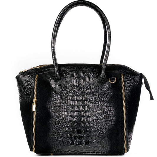 Black Real Italian Leather Croc Shoulder Tote Bag - Amilu