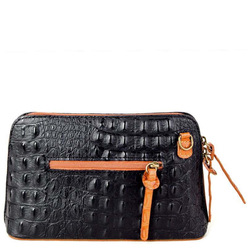 Black & Tan Croc Print Real Leather Cross Body Bag - Amilu