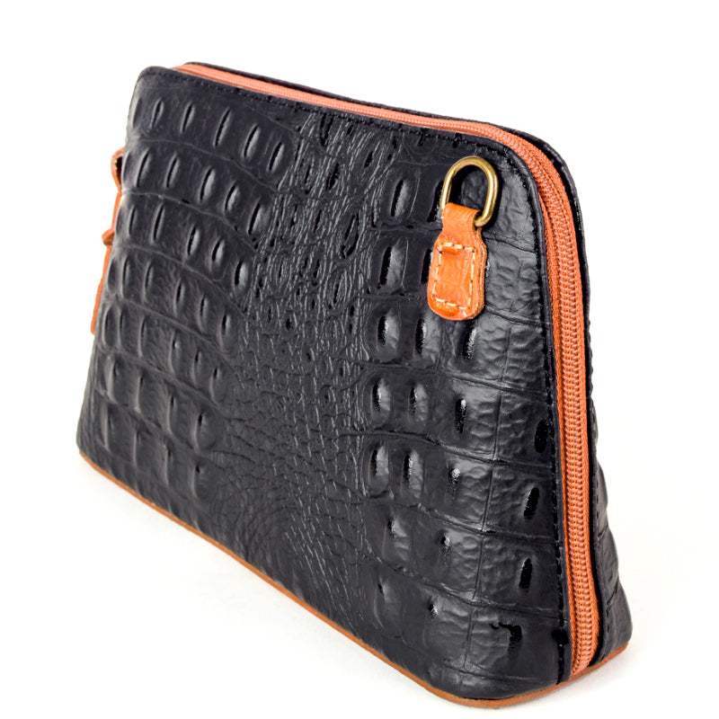 Black & Tan Croc Print Real Leather Cross Body Bag - Amilu