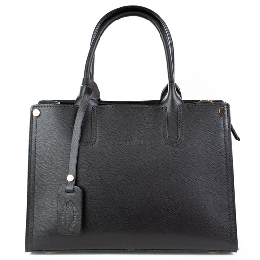 Black Real Textured Ruga Leather Grab Tote Bag - Amilu