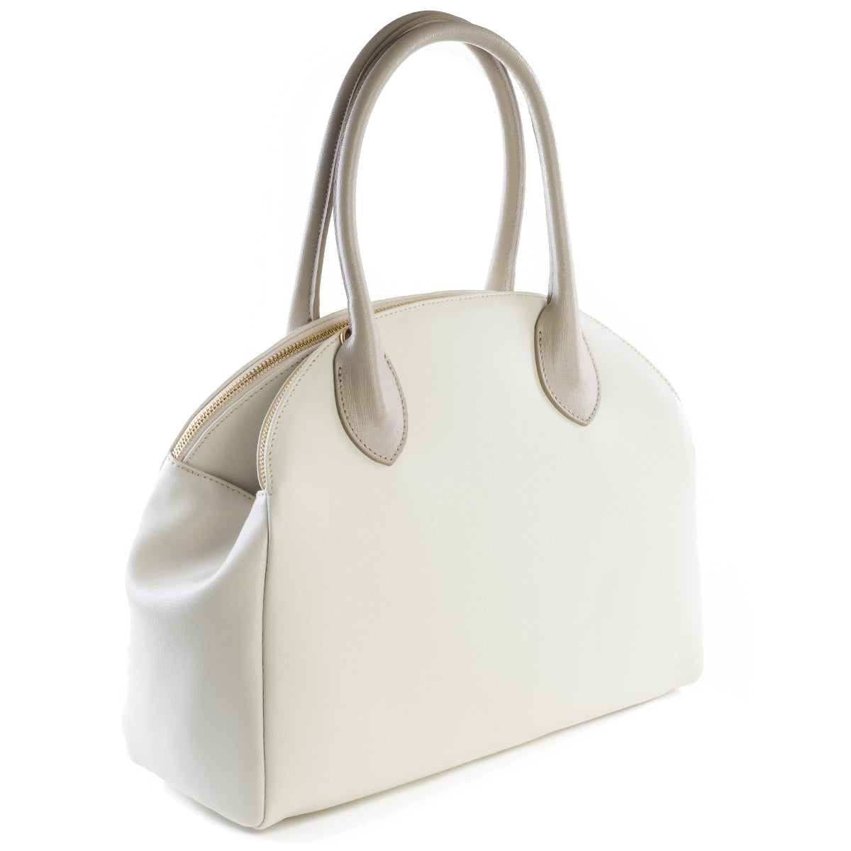 Cream and Taupe Real Leather Double Zip Tote Bag - Amilu