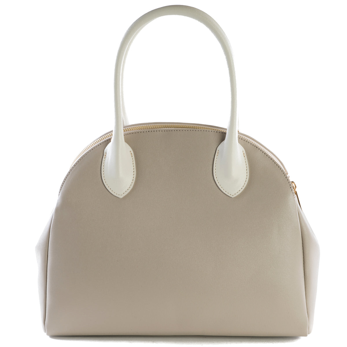 Taupe and Cream Real Leather Double Zip Tote Bag - Amilu