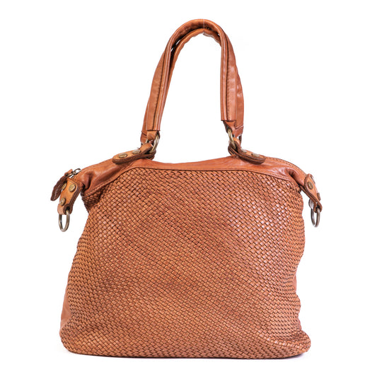 Classic Tan Real Italian Washed Leather Medium Weave Shoulder Bag - Amilu