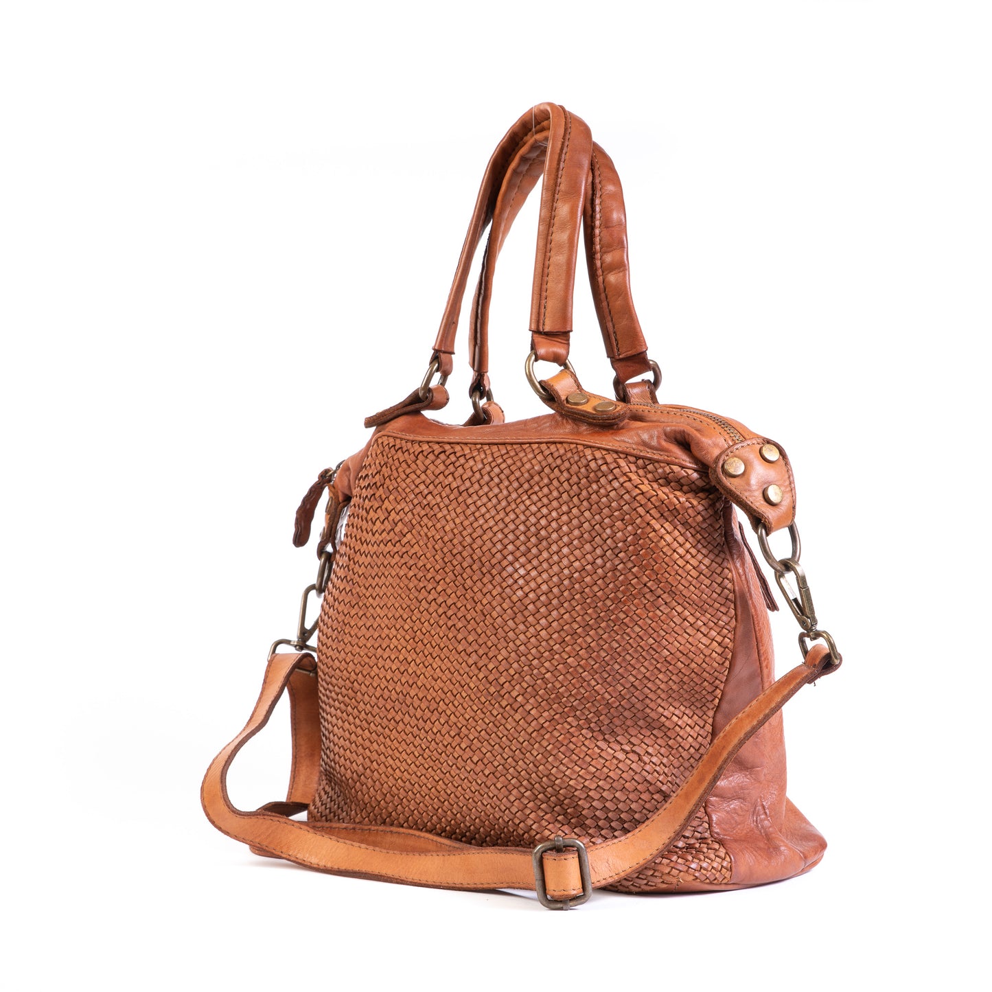 Classic Tan Real Italian Washed Leather Medium Weave Shoulder Bag - Amilu