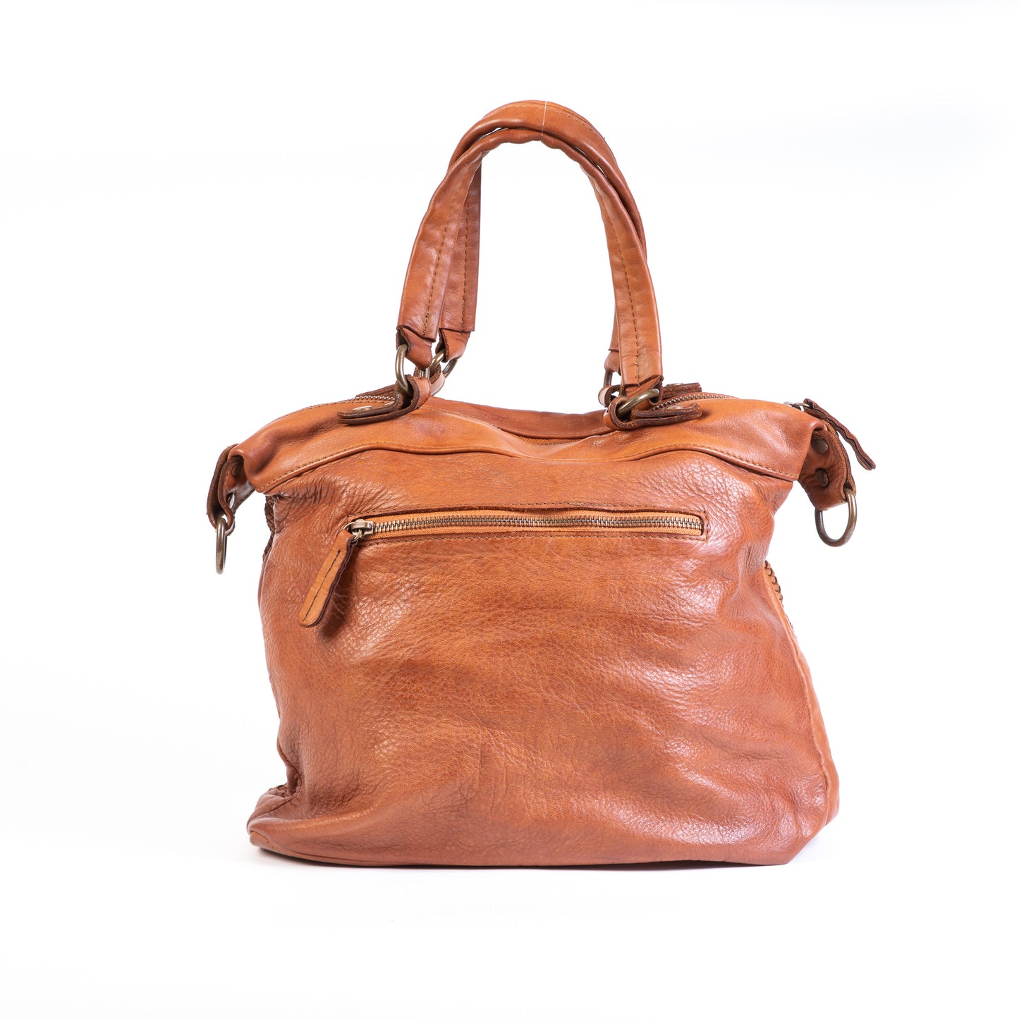 Classic Tan Real Italian Washed Leather Medium Weave Shoulder Bag - Amilu