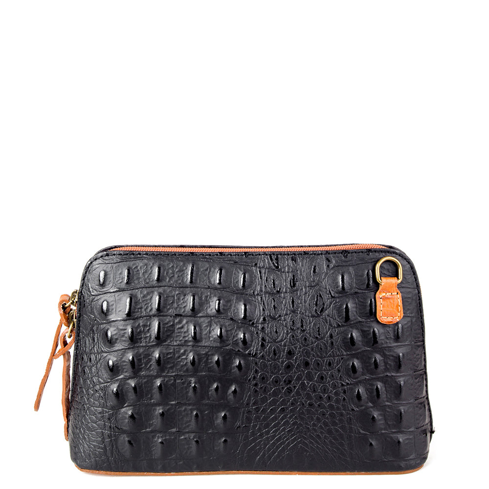 Black & Tan Croc Print Real Leather Cross Body Bag - Amilu