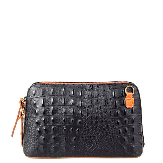 Black & Tan Croc Print Real Leather Cross Body Bag - Amilu