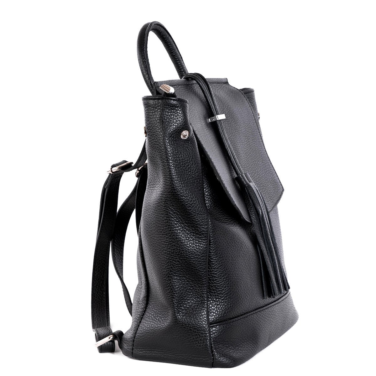 Black Real Leather Tassel Backpack - Amilu