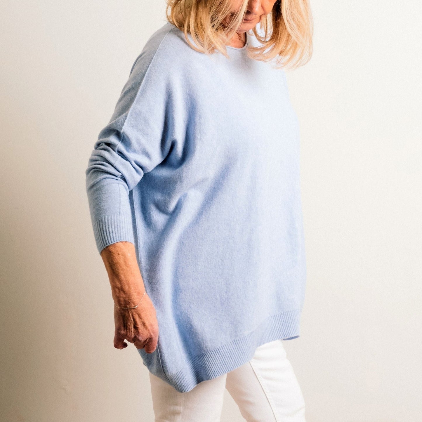 Pale Blue Supersoft Loose Fit Fine Knit Oversize Round Neck Easy Wear Jumper - Amilu