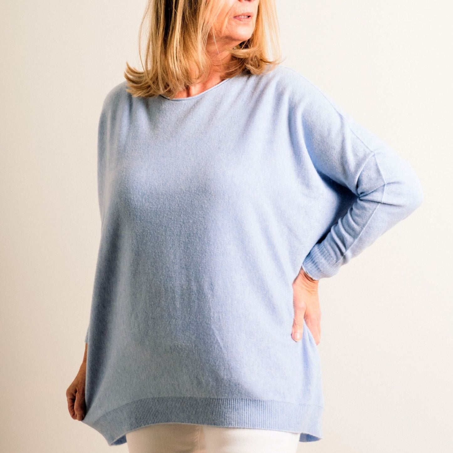 Pale Blue Supersoft Loose Fit Fine Knit Oversize Round Neck Easy Wear Jumper - Amilu