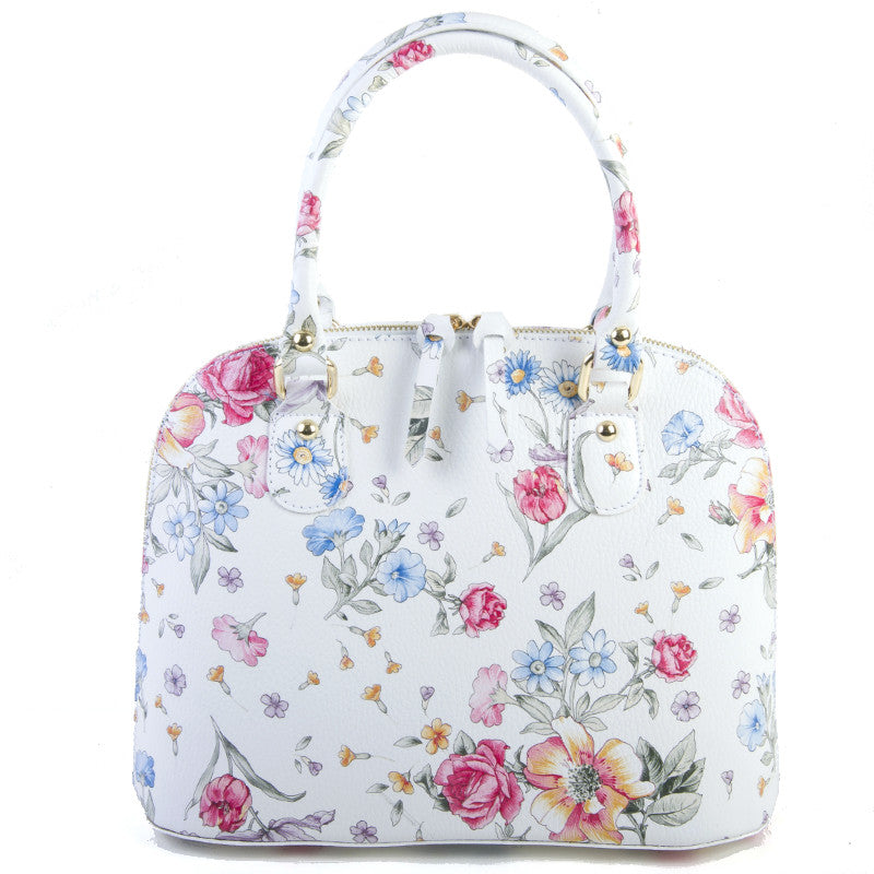 Floral and White Real Leather Grab Tote Bag - Amilu