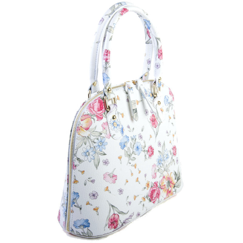 Floral and White Real Leather Grab Tote Bag - Amilu