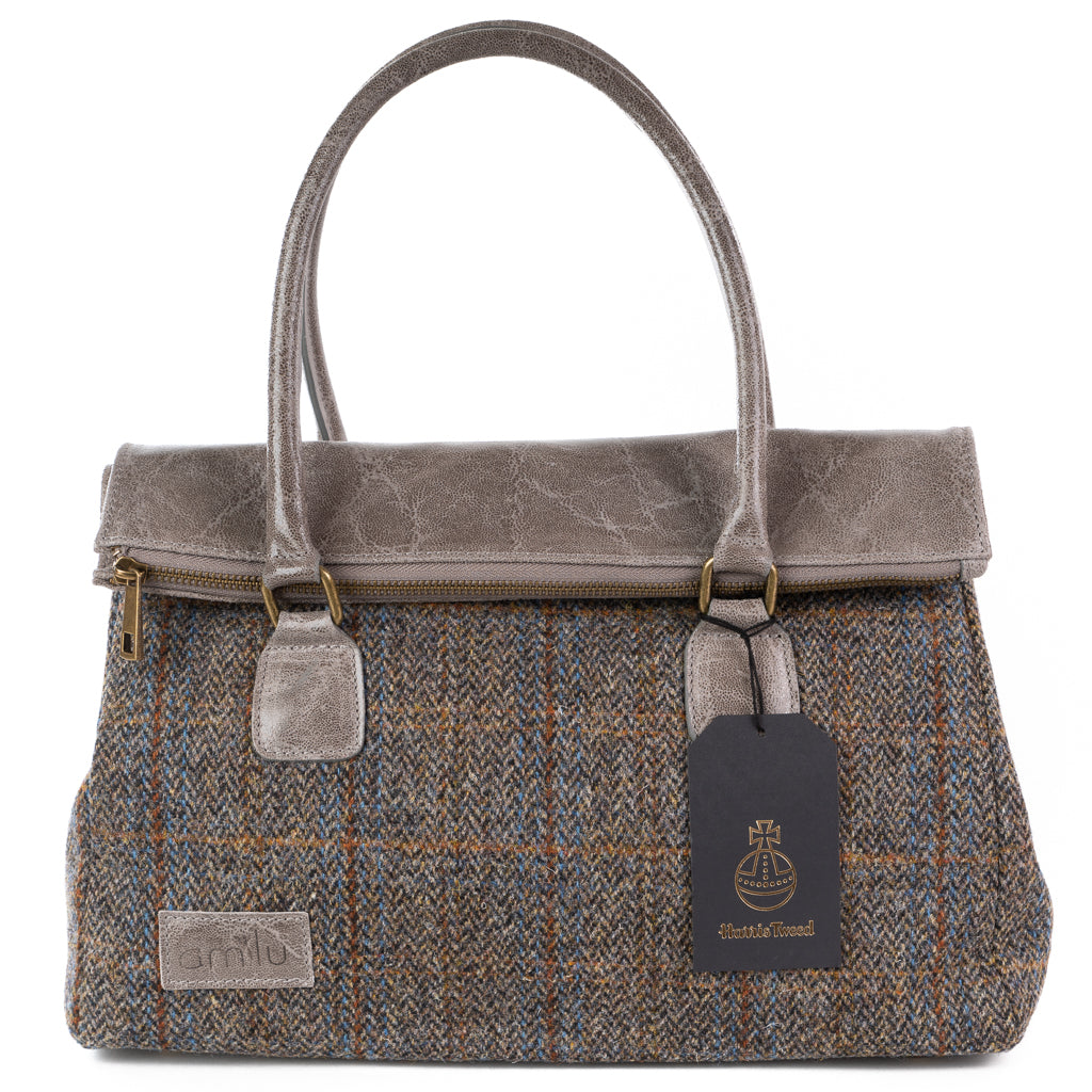 Grey Fergus Harris Tweed Real Leather Shoulder Bag - Amilu