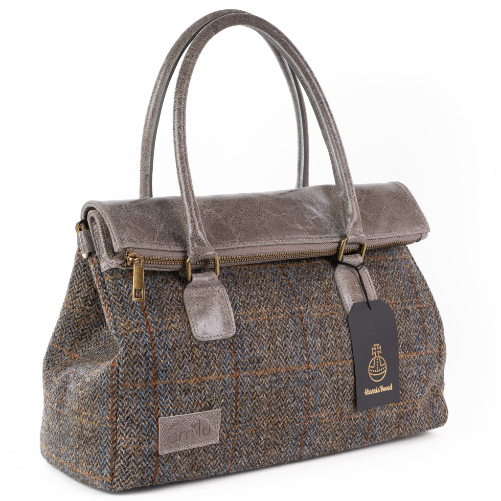 Grey Fergus Harris Tweed Real Leather Shoulder Bag - Amilu