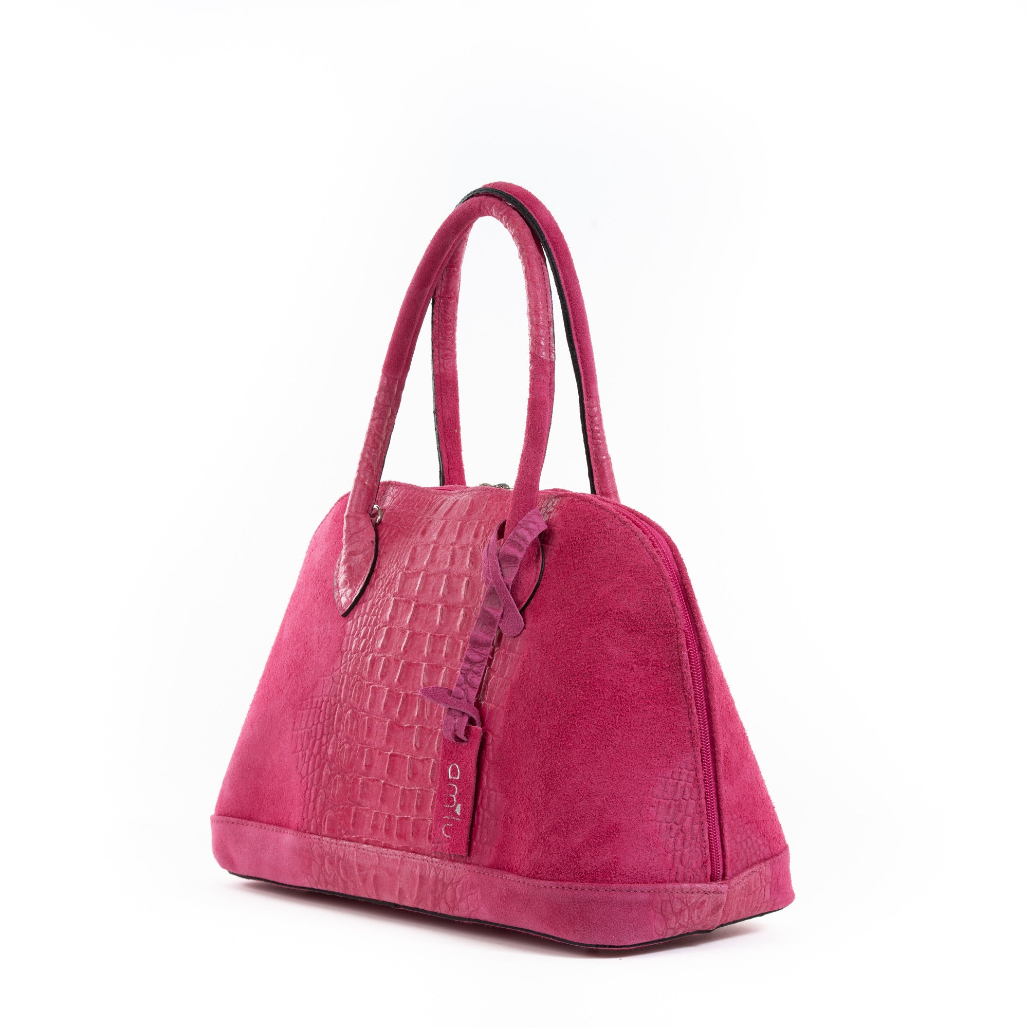 Fuchsia Pink Real Suede Large Bowling Bag Amilu