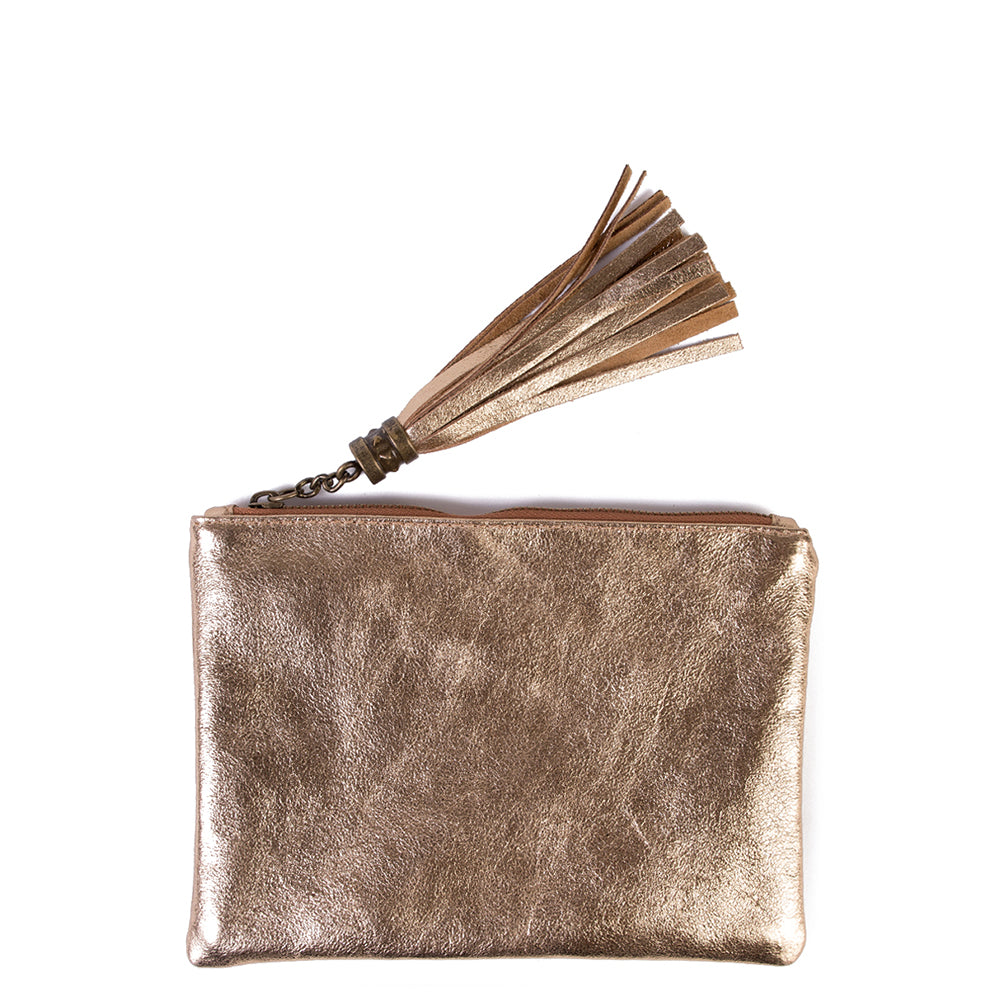 Gold Real Leather Tassel Clutch Bag - Amilu