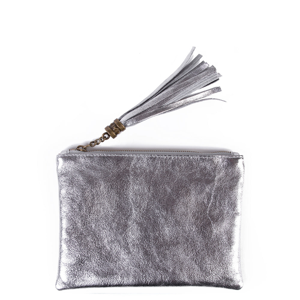Silver Real Leather Tassel Clutch Bag - Amilu