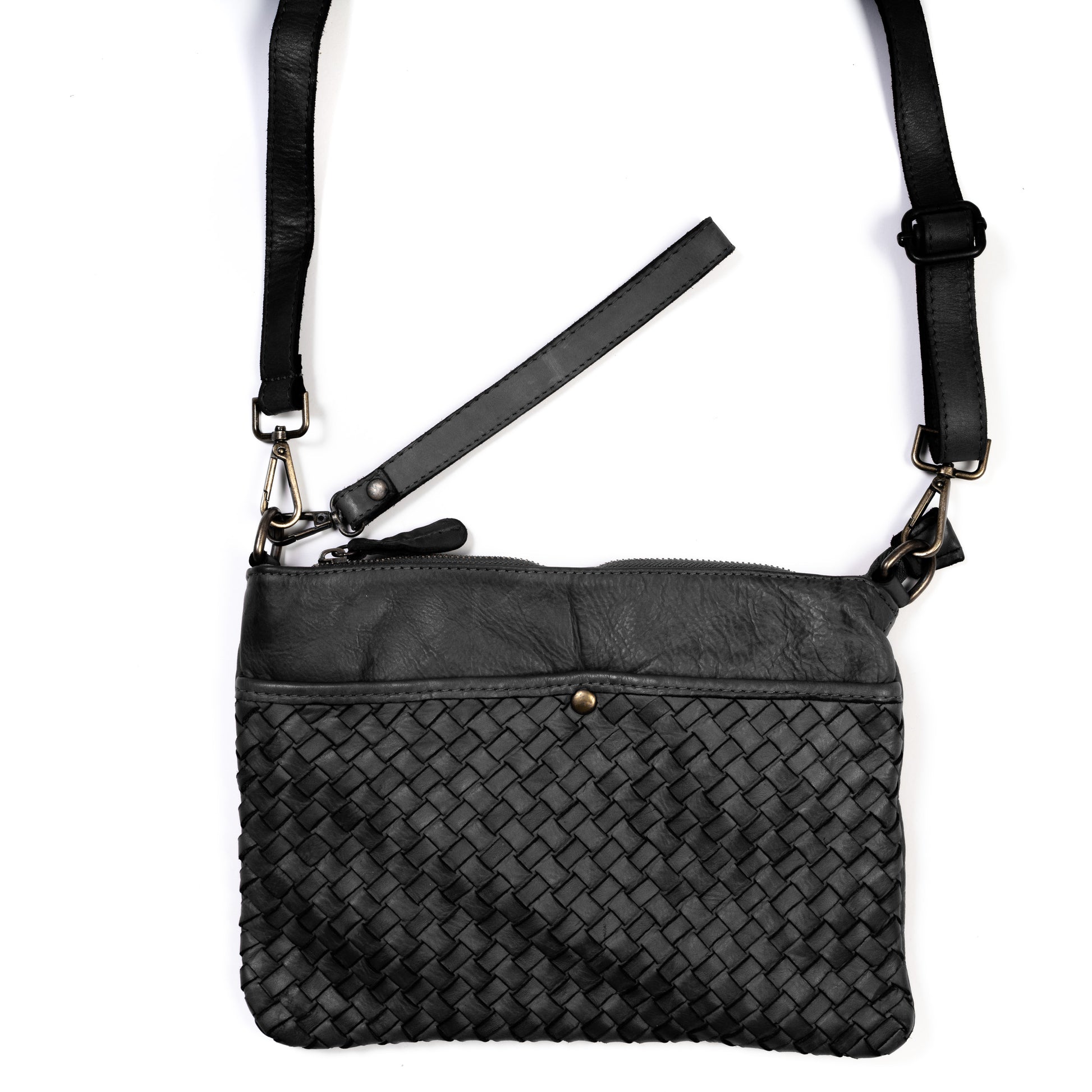 Black Real Italian Woven Leather Crossbody Clutch Bag - Amilu