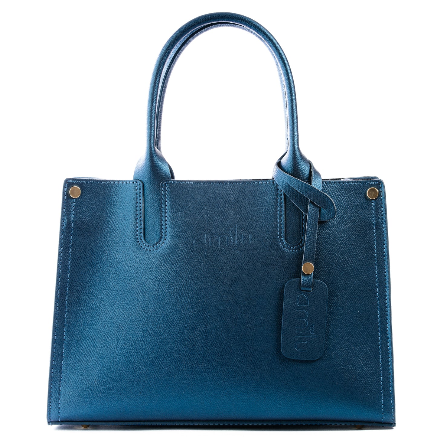 Teal Blue Real Textured Leather Grab Tote Bag - Amilu