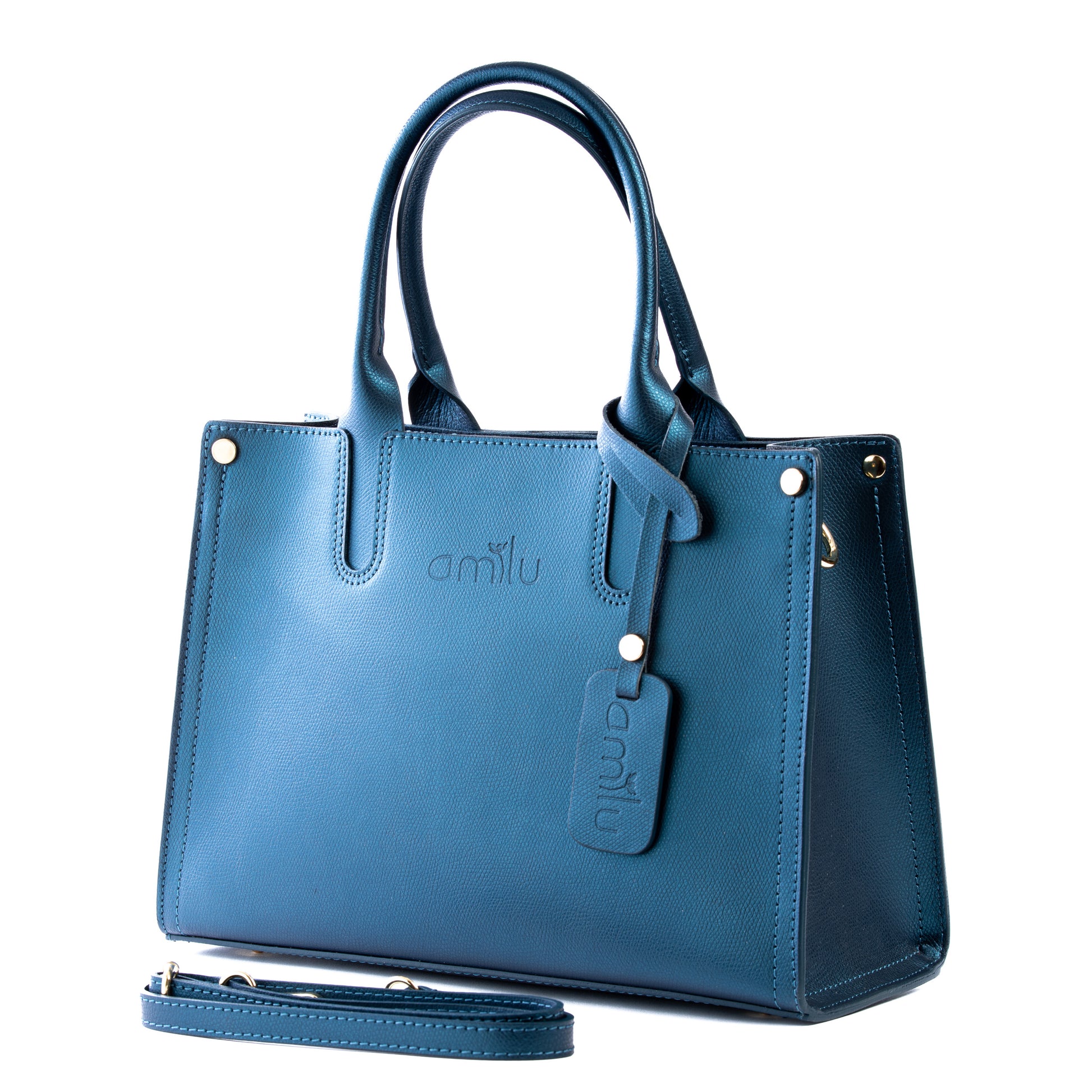 Teal Blue Real Textured Leather Grab Tote Bag - Amilu