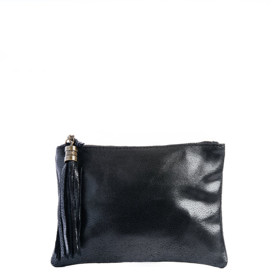 Black Real Leather Tassel Crossbody Clutch Bag - Amilu