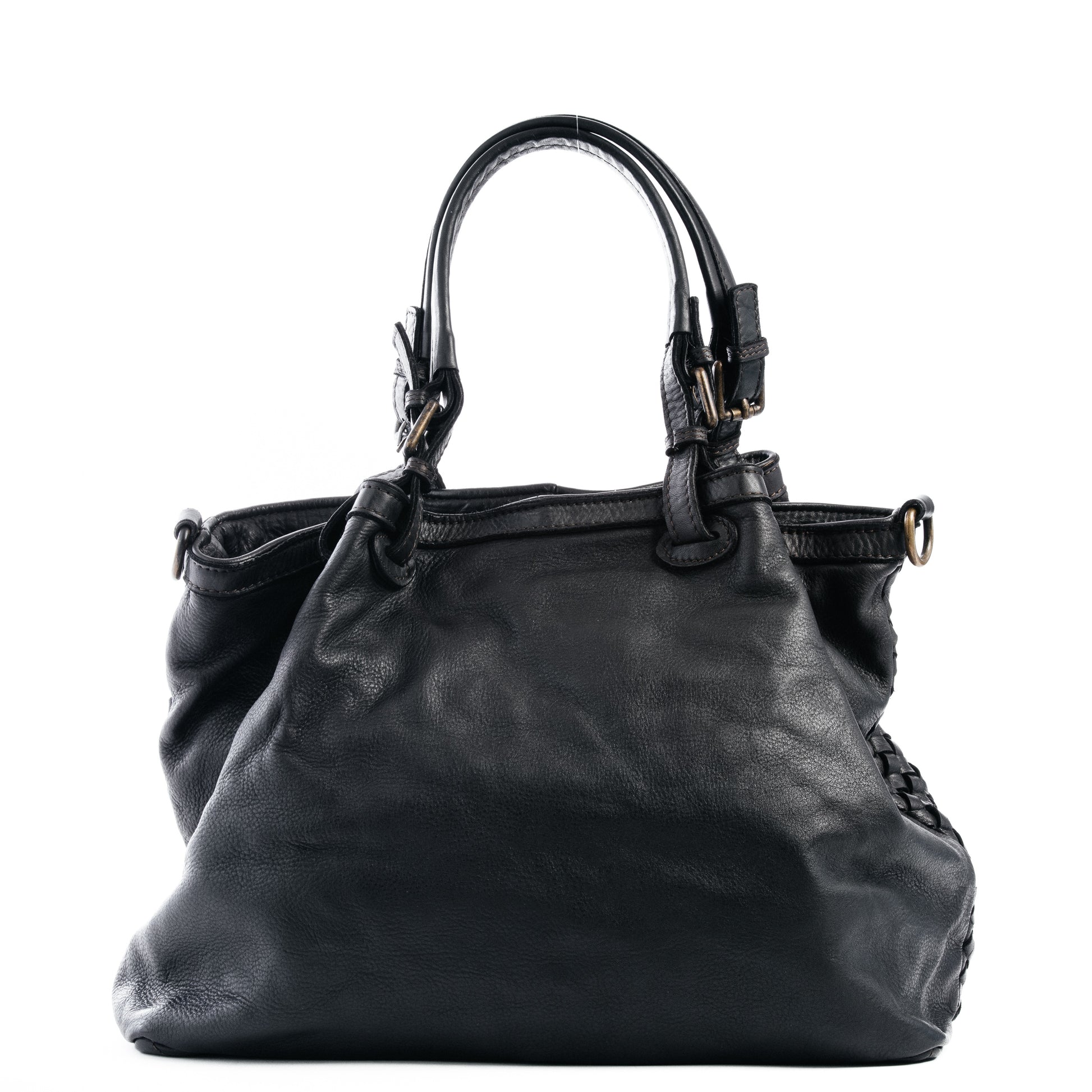 Classic Black Real Italian Leather Weave Tote Shoulder Bag - Amilu