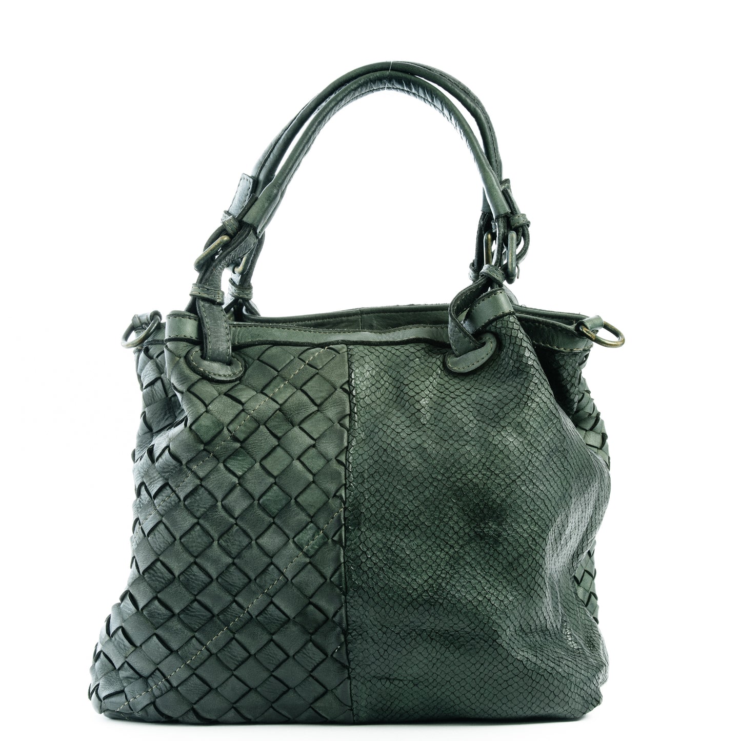 Classic Forest Green 4 Panel Real Italian Leather Weave Tote Shoulder Bag - Amilu