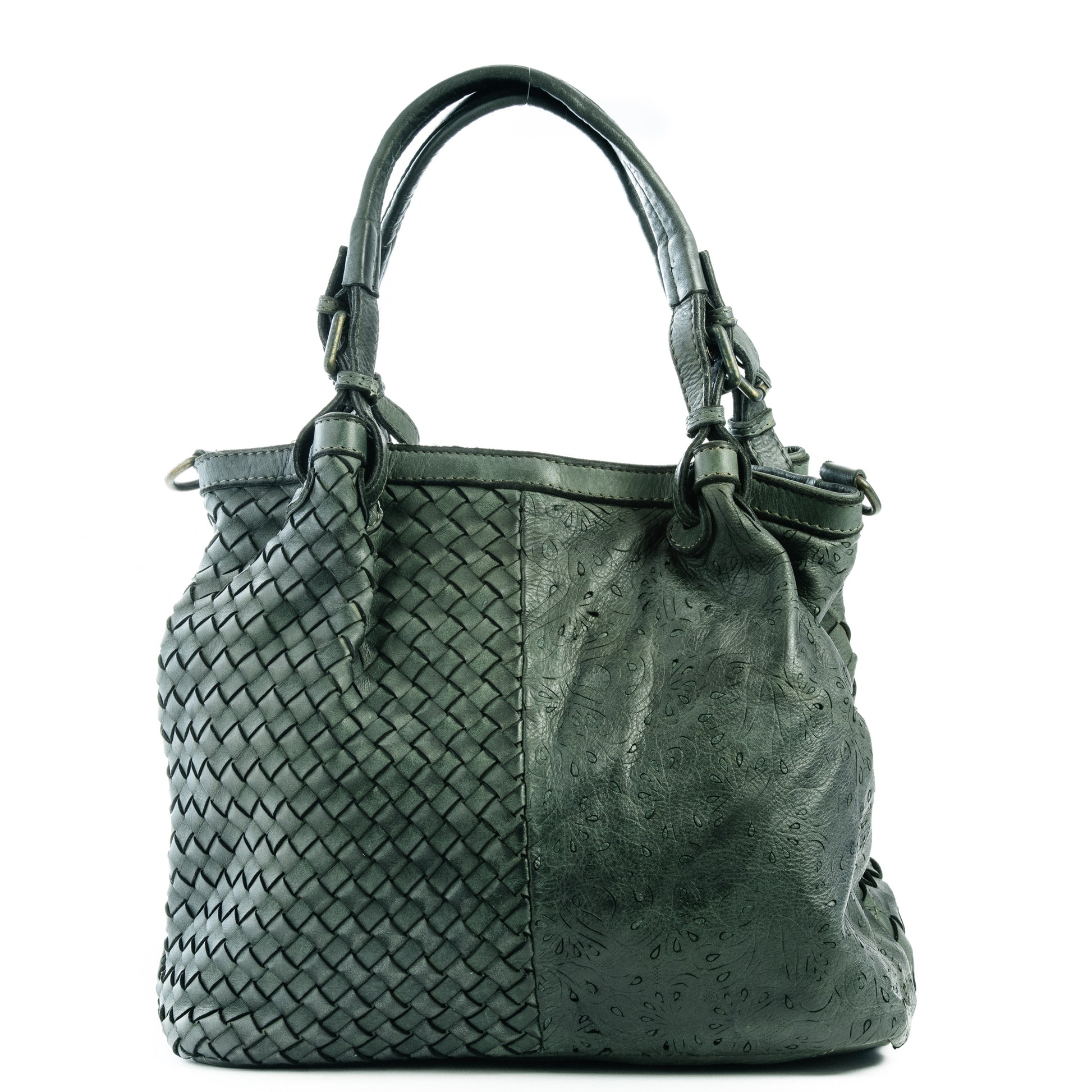 Classic Forest Green 4 Panel Real Italian Leather Weave Tote Shoulder Bag - Amilu