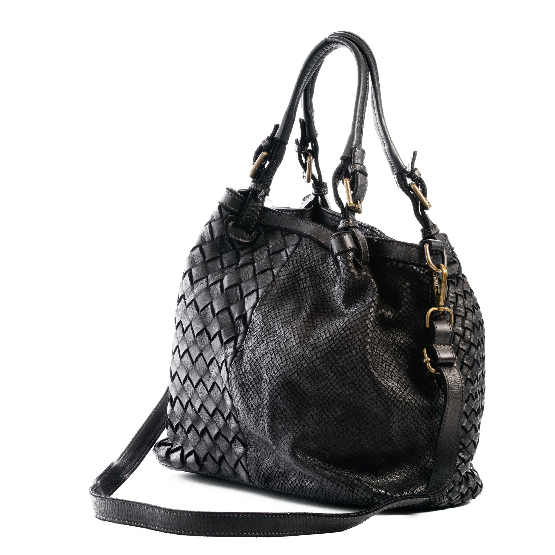 Classic Black 4 Panel Real Italian Leather Weave Tote Bag - Amilu