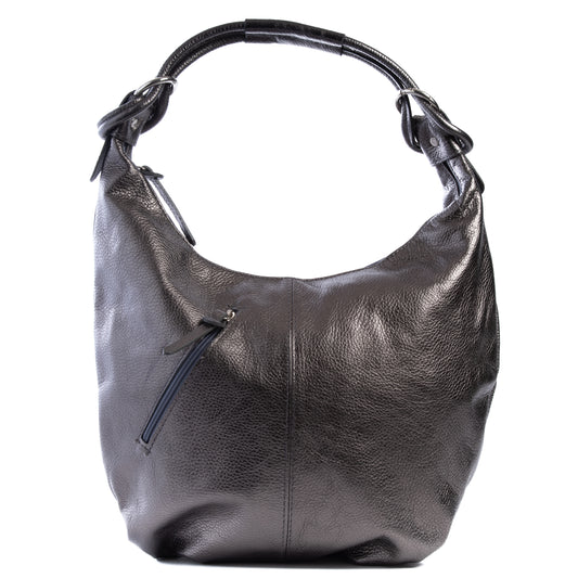 Classic Metallic Charcoal Real Leather Slouch Shoulder Bag - Amilu