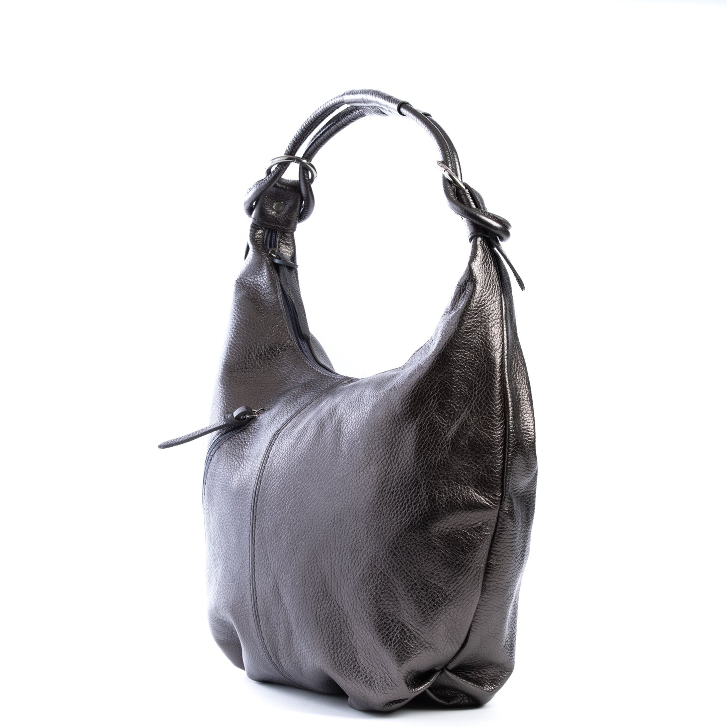 Classic Metallic Charcoal Real Leather Slouch Shoulder Bag - Amilu