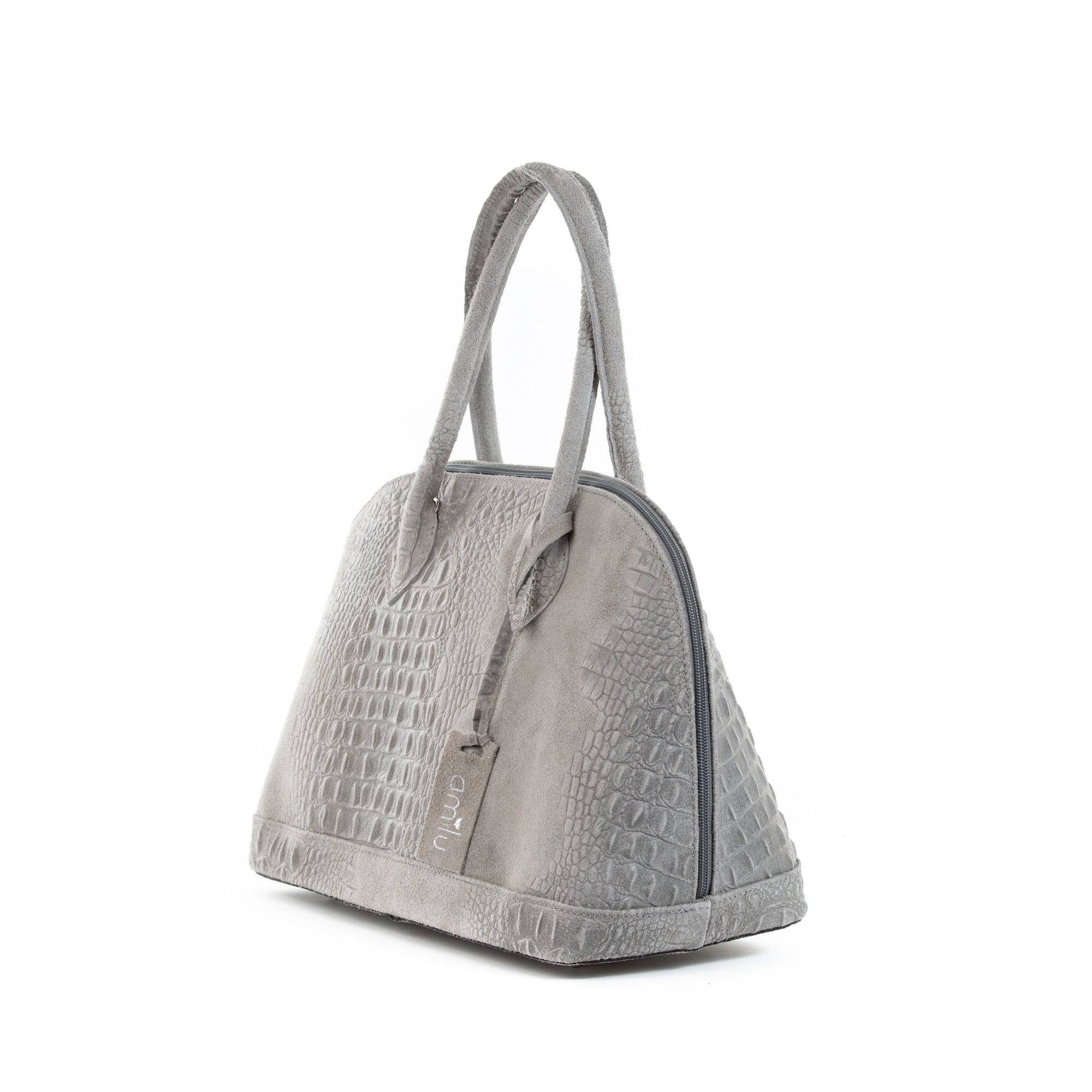 Mid Grey Real Suede Large Bowling Bag Amilu