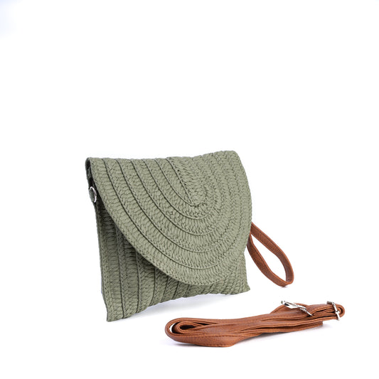 Amilu Olive Green Fold Over Braided Straw Clutch Bag