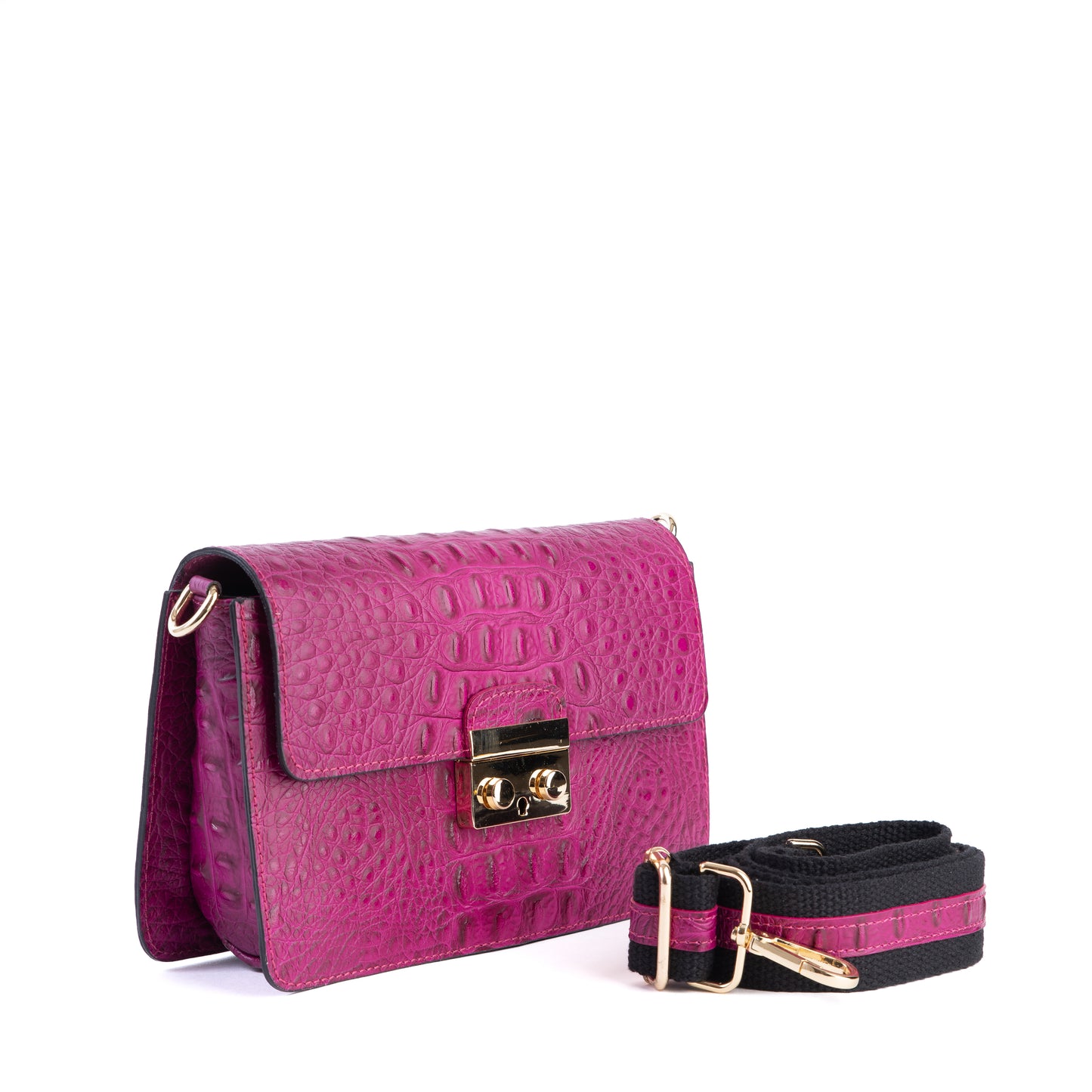 Amilu Fuchsia Pink Mock Croc Print Real Leather Cross Body Bag