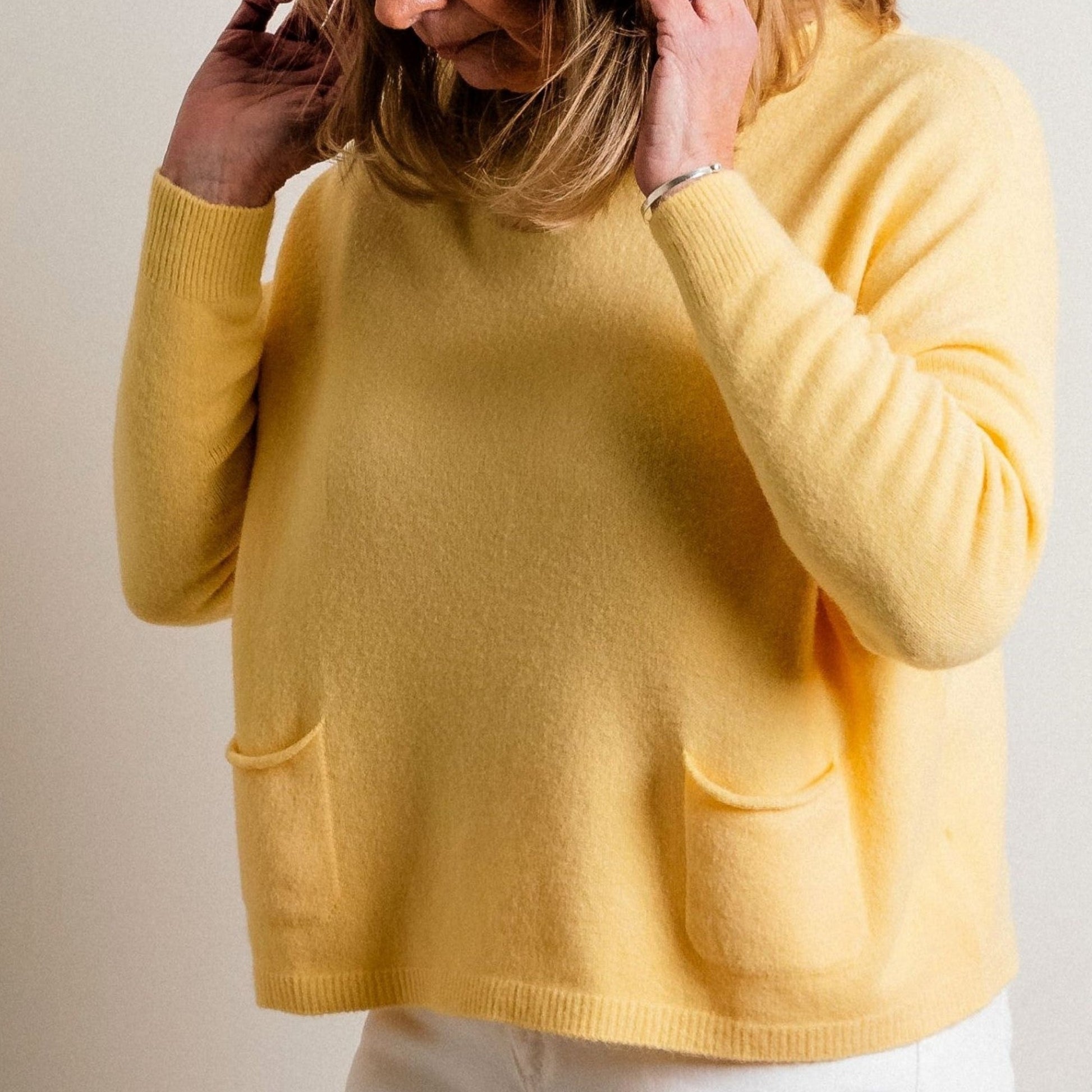 Yellow Double Pocket Supersoft Fine Knit Round Neck Easy Wear Jumper - Amilu