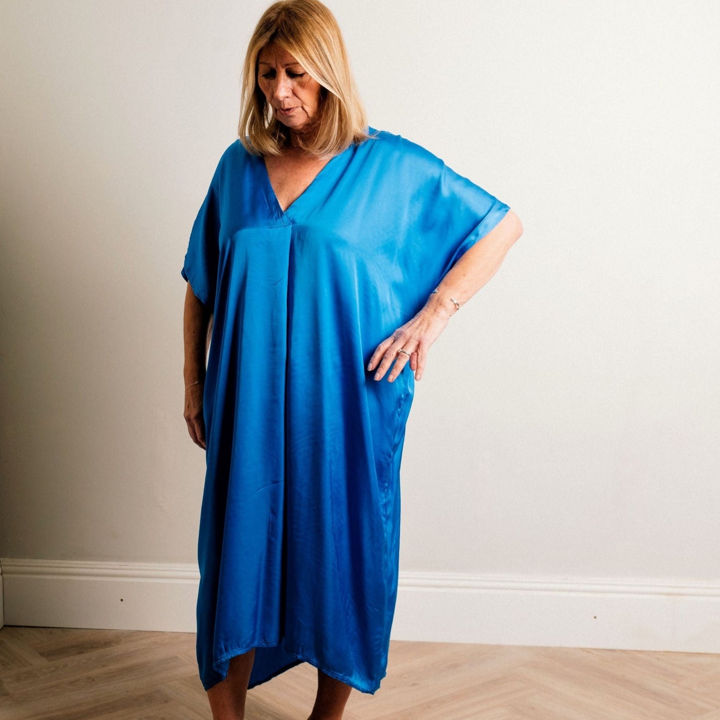 Cobalt Blue Silky Soft Midi Length Kaftan Day and Beach Dress. - Amilu