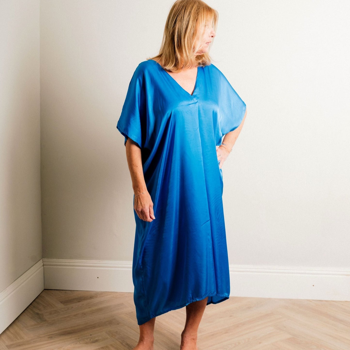 Cobalt Blue Silky Soft Midi Length Kaftan Day and Beach Dress. - Amilu