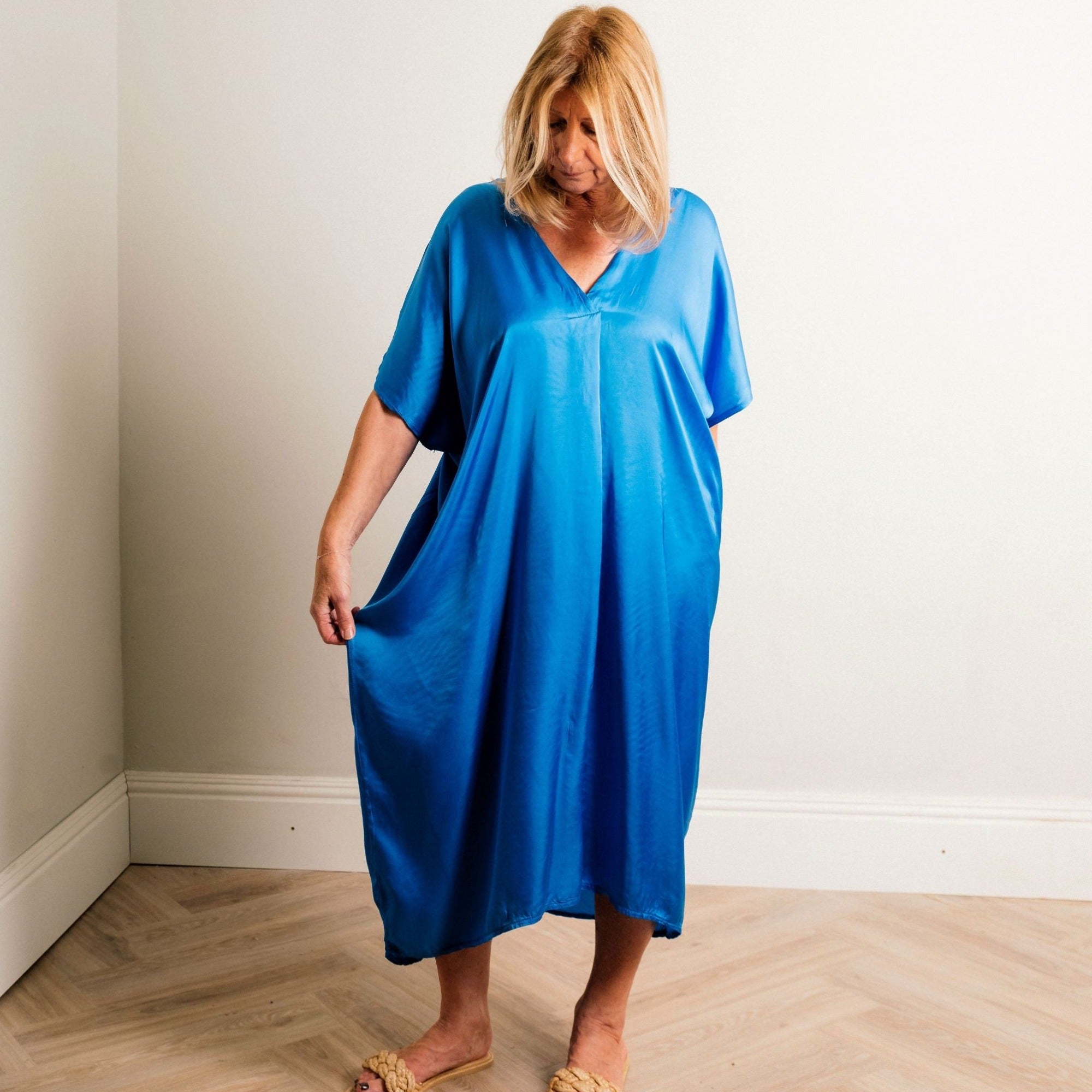 Cobalt Blue Silky Soft Midi Length Kaftan Day and Beach Dress. Amilu