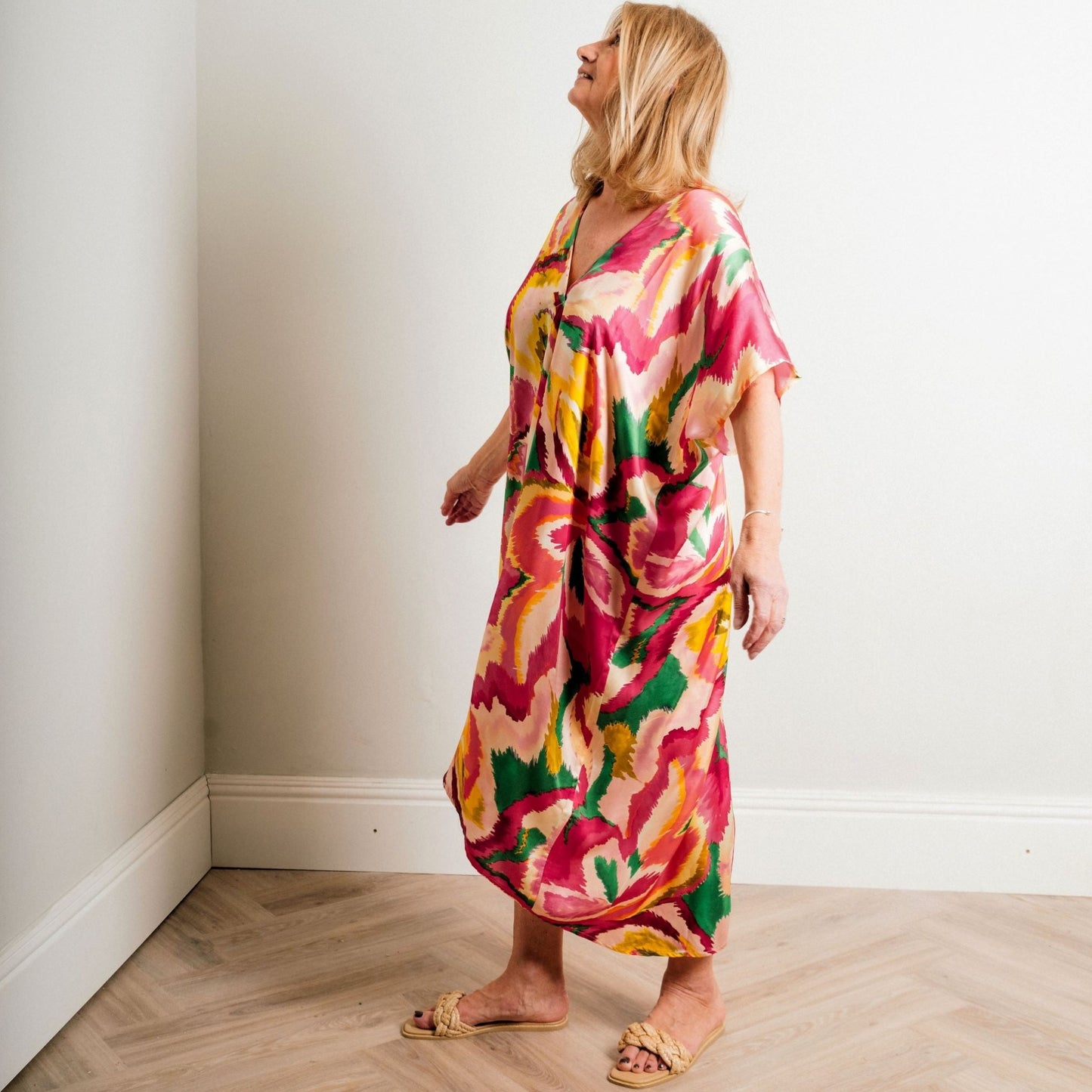 Fuchsia Multi Print Silky Soft Midi Length Kaftan Day and Beach Dress. - Amilu