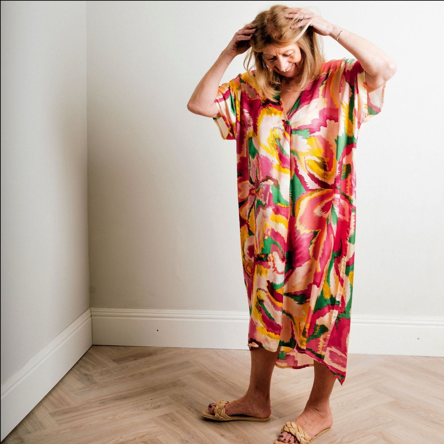 Fuchsia Multi Print Silky Soft Midi Length Kaftan Day and Beach Dress. - Amilu