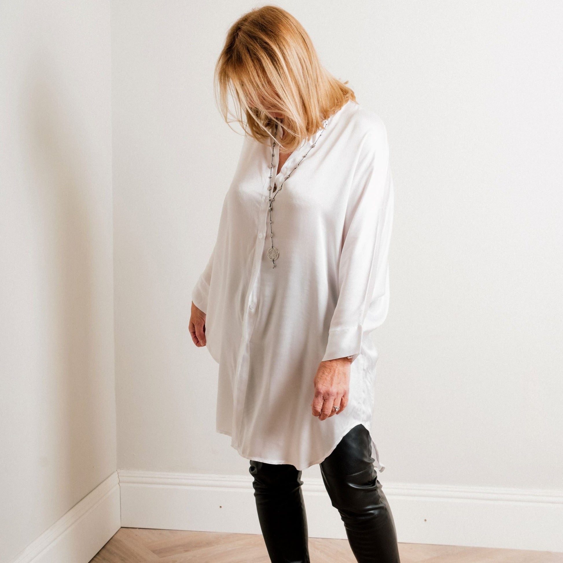 Ivory Silky Soft Oversize Trapeze Drape Shirt/Shirt Dress - Amilu