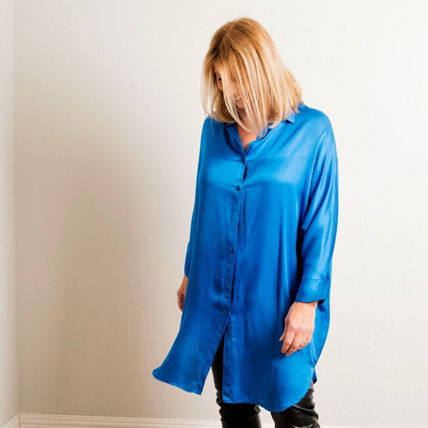 Cobalt Blue Silky Soft Oversize Trapeze Drape Shirt/Shirt Dress - Amilu