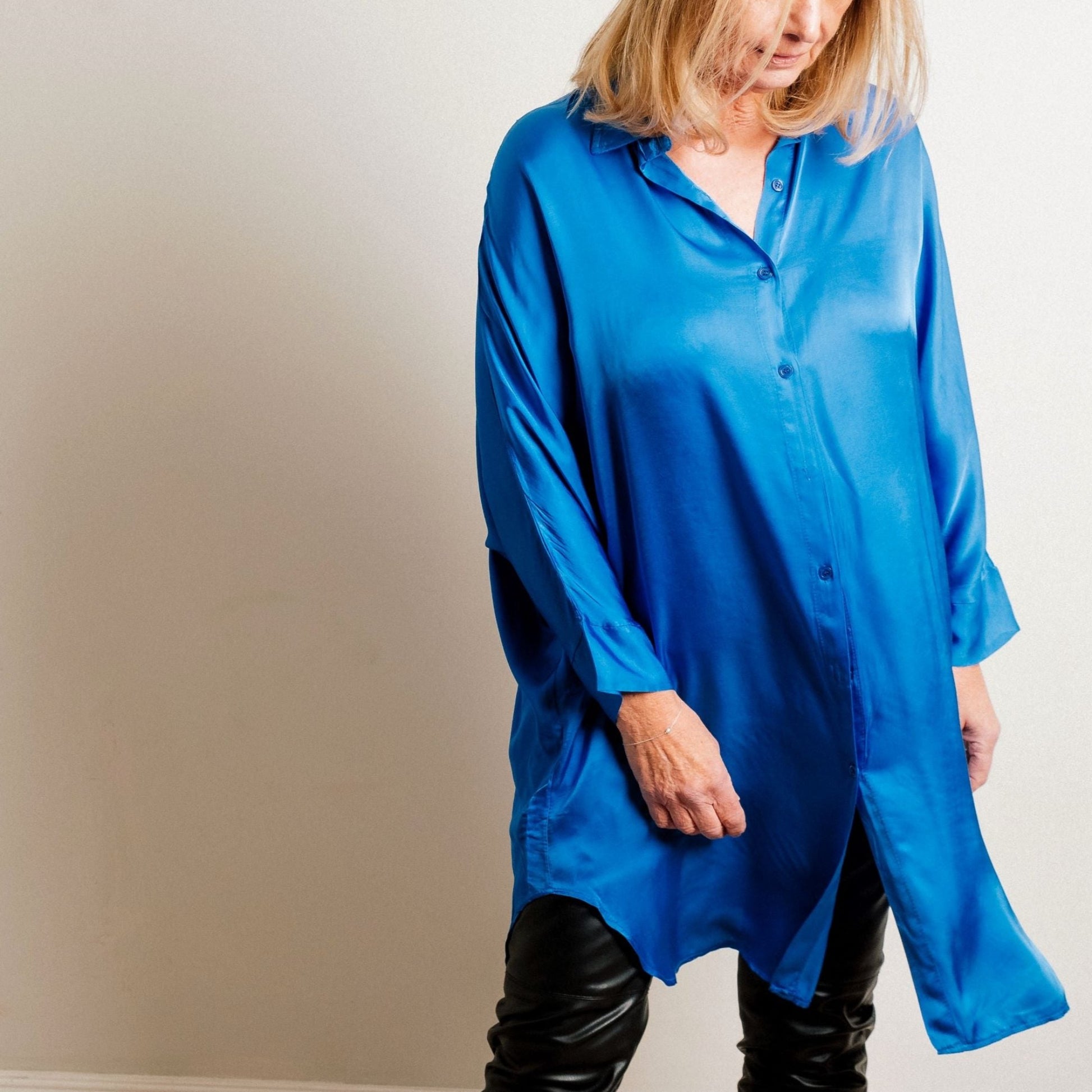 Cobalt Blue Silky Soft Oversize Trapeze Drape Shirt/Shirt Dress - Amilu