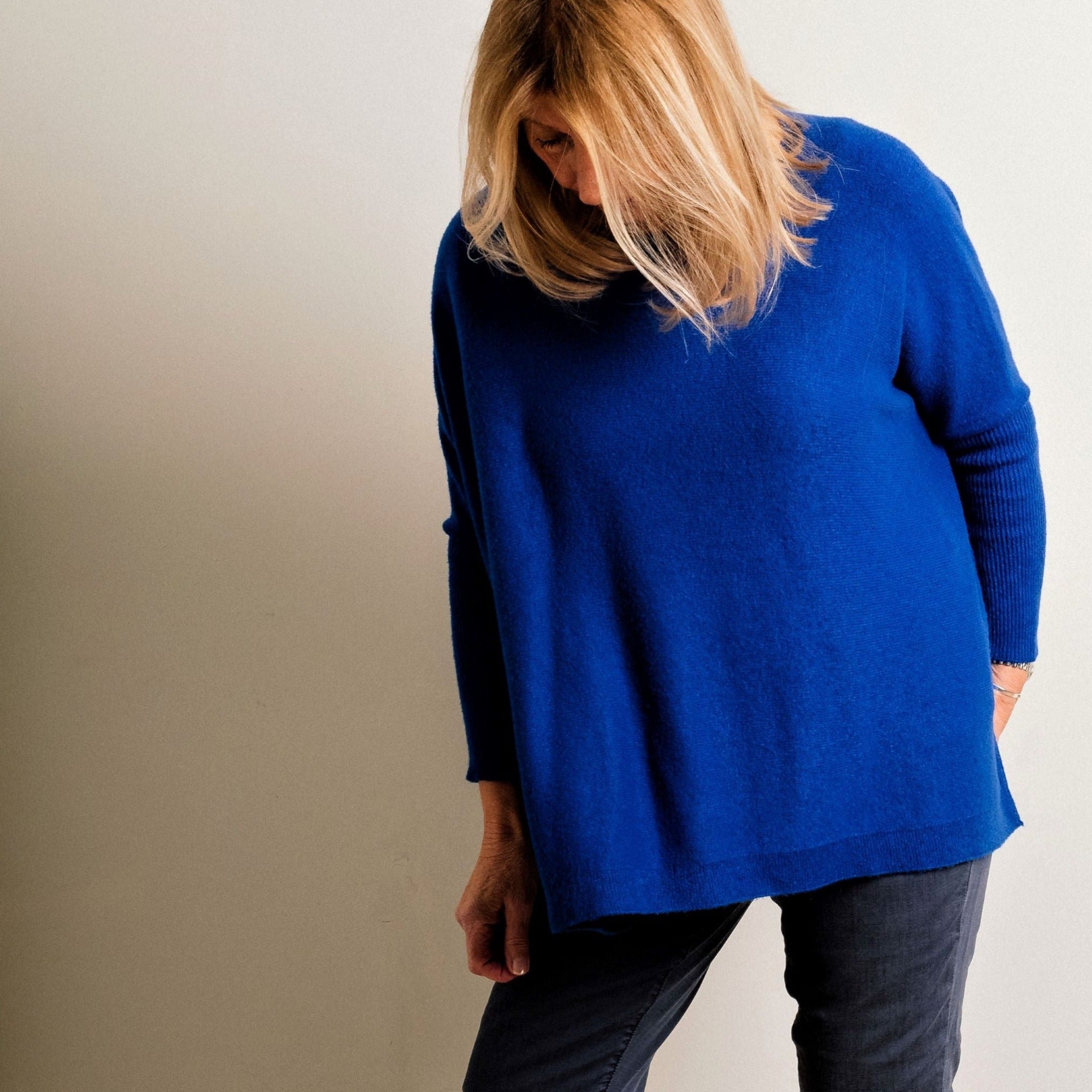 Cobalt Blue Supersoft Tapered Batwing Sleeve Fine Knit Round Neck