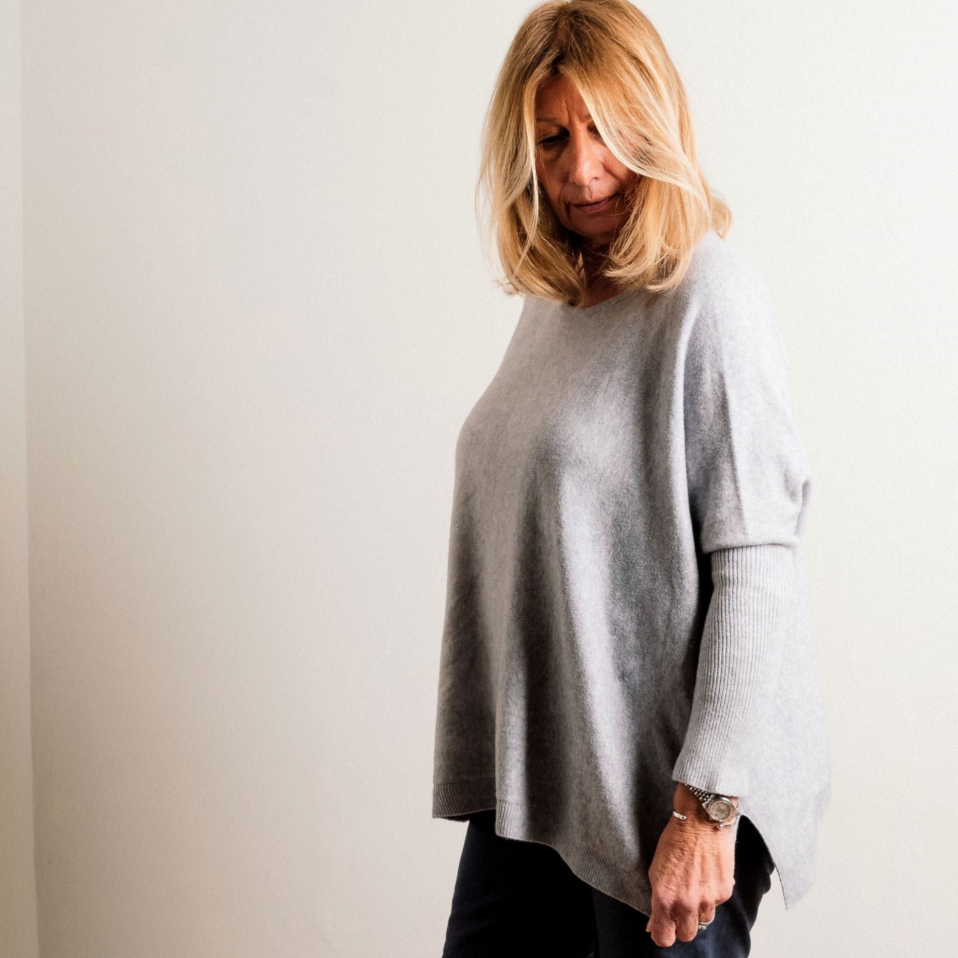 Light Grey Supersoft Tapered Batwing Sleeve Fine Knit Round Neck