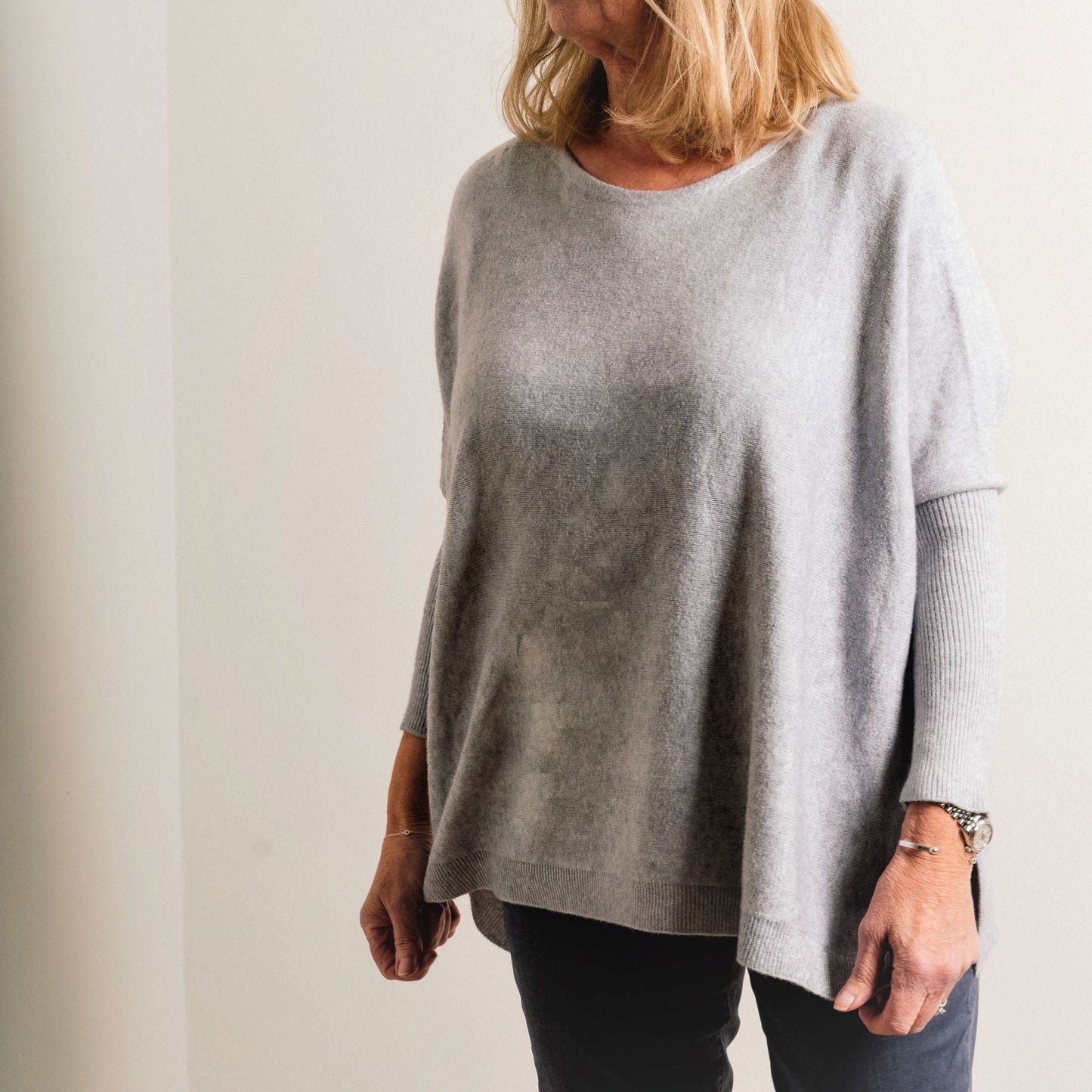 Light Grey Supersoft Tapered Batwing Sleeve Fine Knit Round Neck Easy Wear Jumper - Amilu