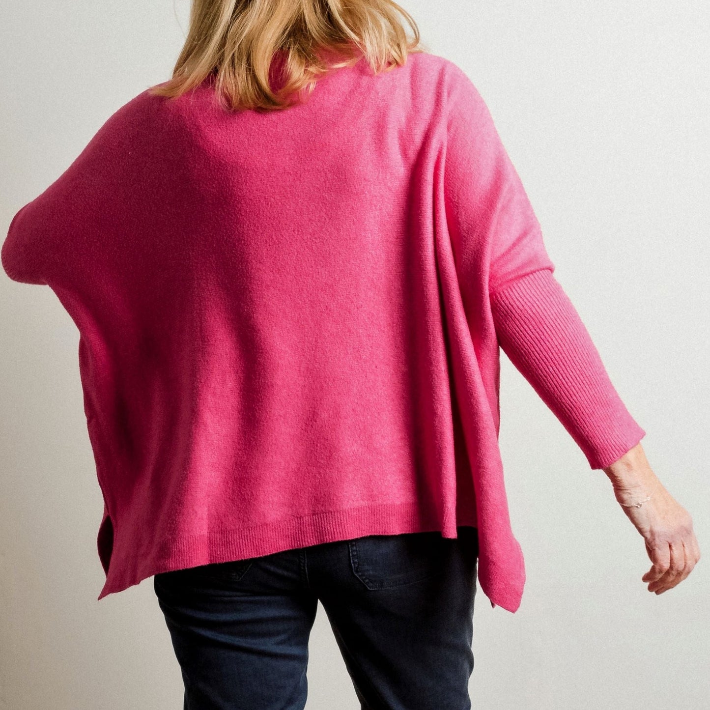 Fuchsia Pink Supersoft Tapered Batwing Sleeve Fine Knit Round Neck Easy Wear Jumper - Amilu