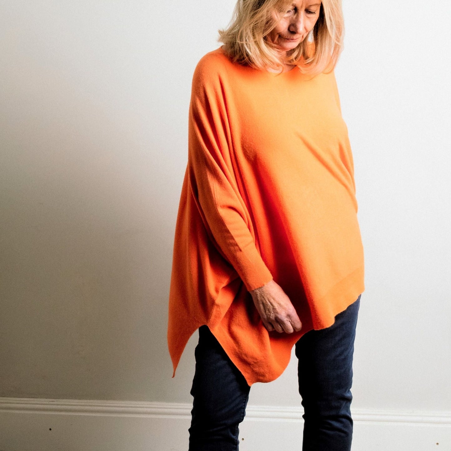 Orange Asymmetric Box Fit Supersoft Fine Knit Jumper With Batwing Sleeve - Amilu