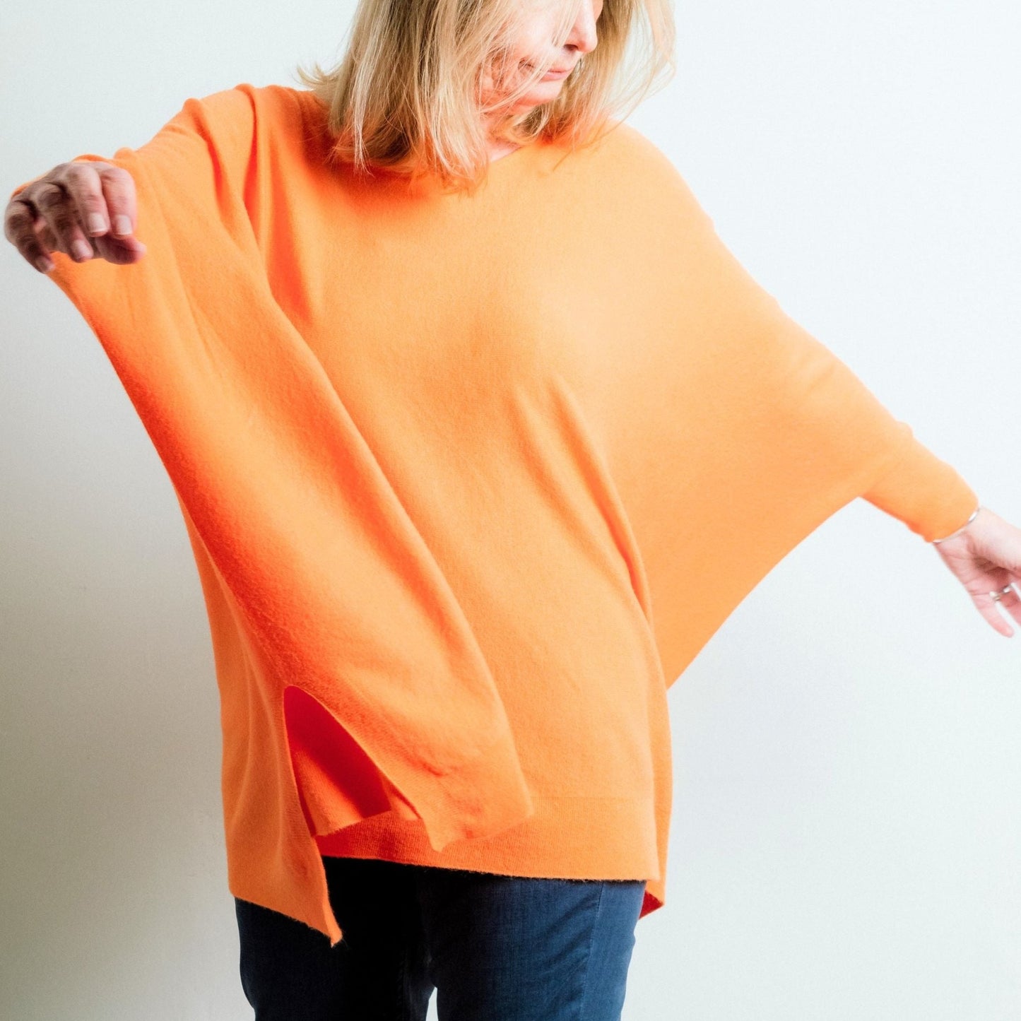 Orange Asymmetric Box Fit Supersoft Fine Knit Jumper With Batwing Sleeve - Amilu